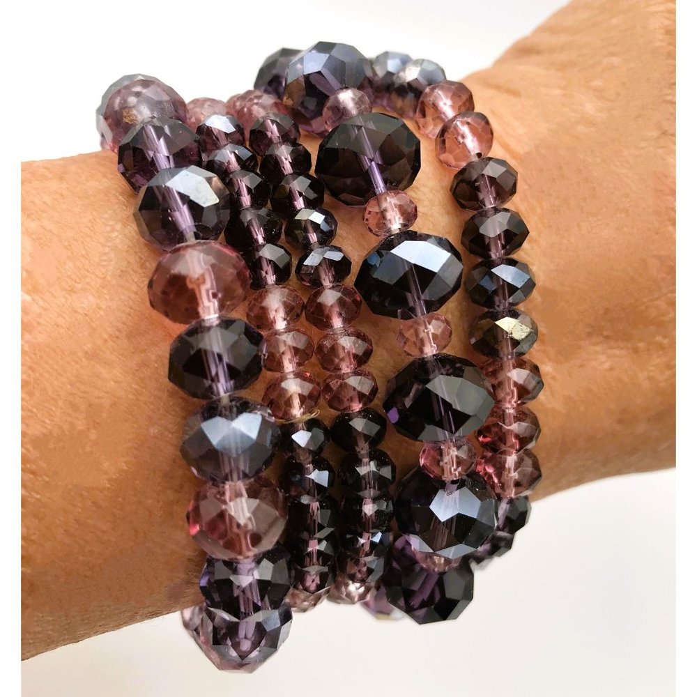 Purple AB Crystal Beaded 5 Bracelets Set Adjustable Amethyst Pink
